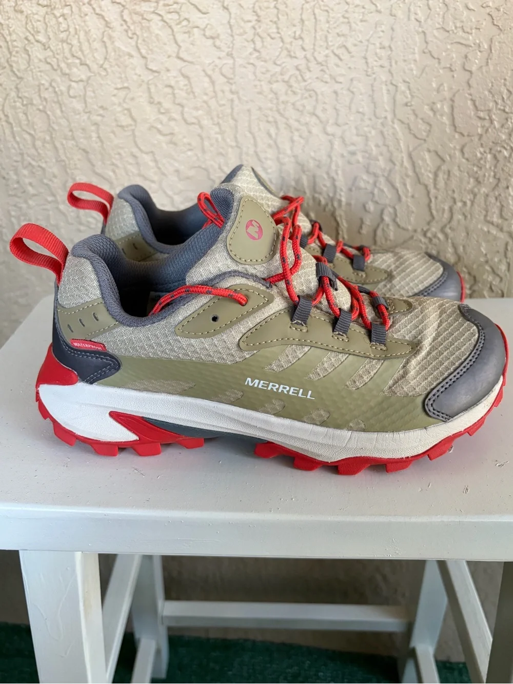 Merrell Waterproof Big Kids’ Olive Green and Red Trail Sneakers